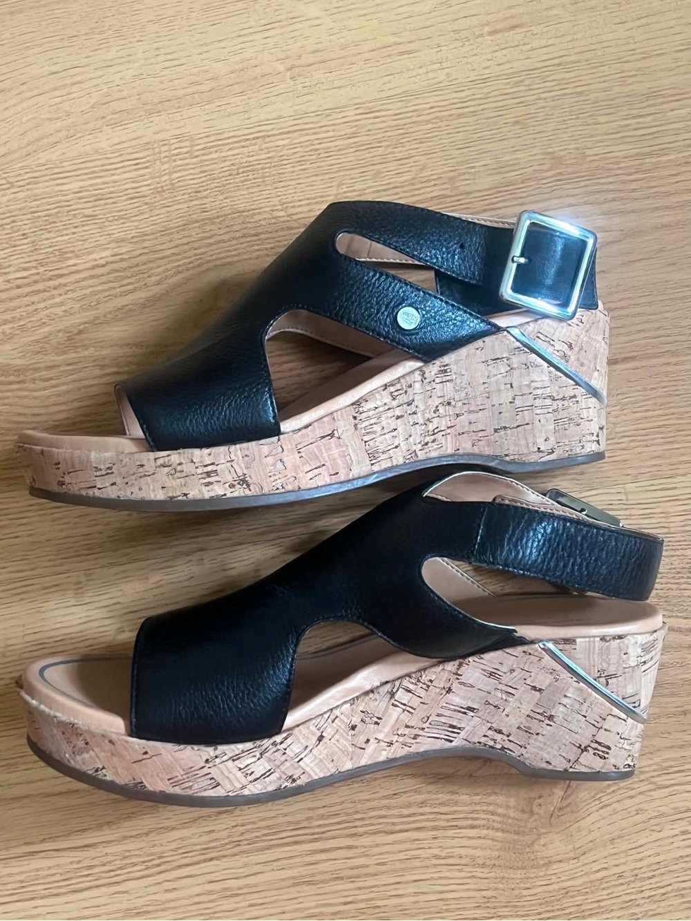 Hush Puppies Black Leather Cork Wedge Sandals with Buckle